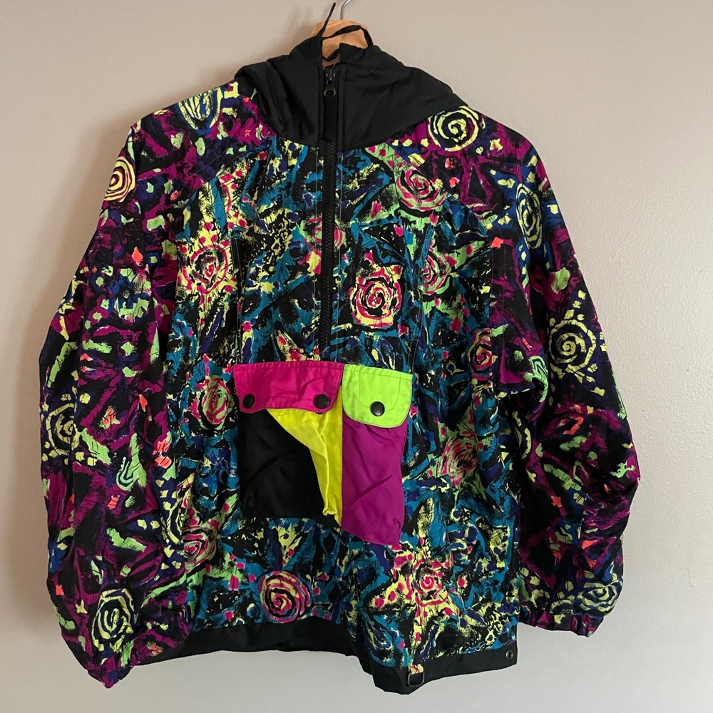 Obermeyer Caribou Anorak Jacket Juniors M Multi Color Neon Vintage 90s Retro